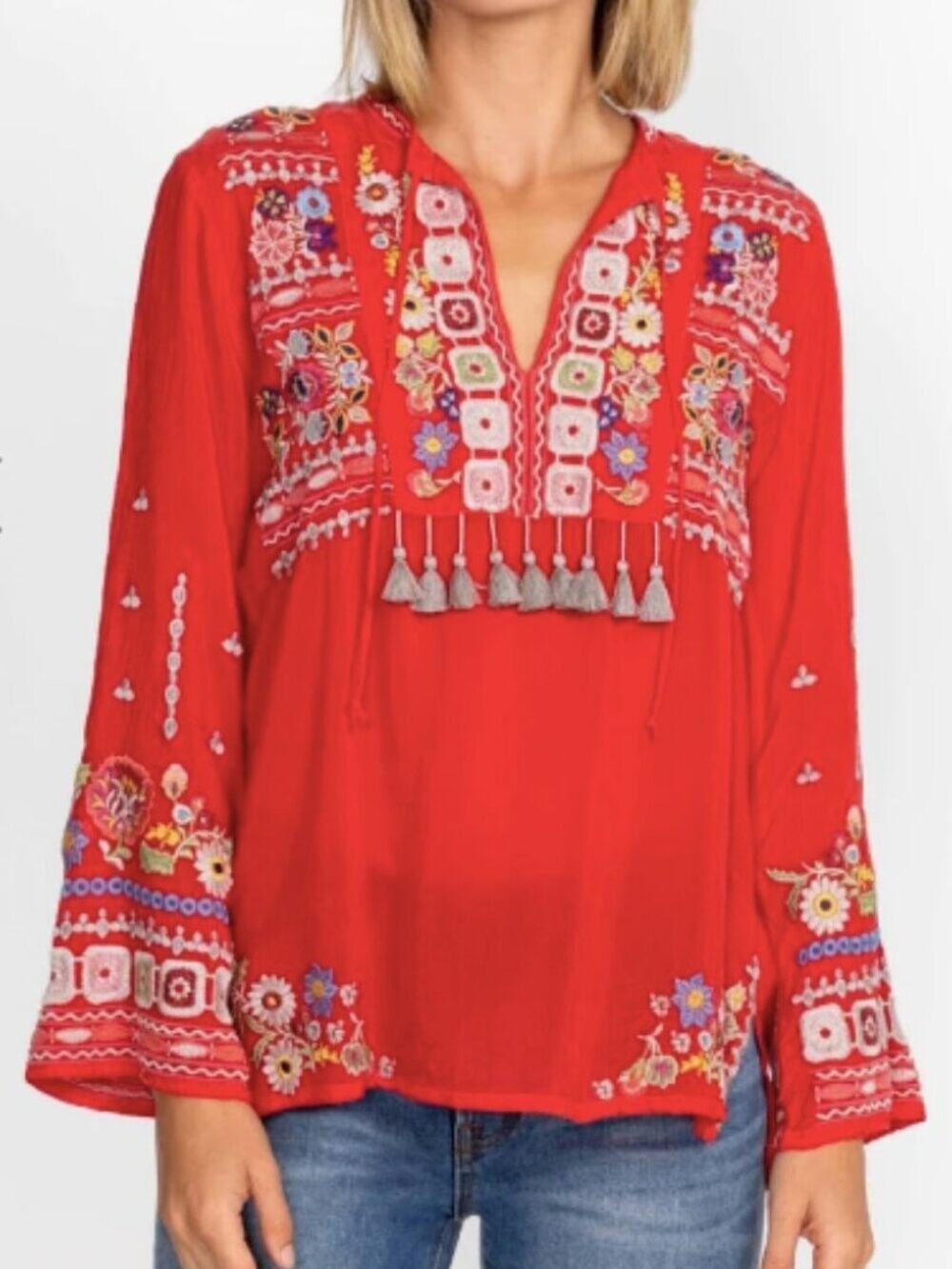 NWT Johnny Was Coriander Red Floral Embroidered Blouse XL